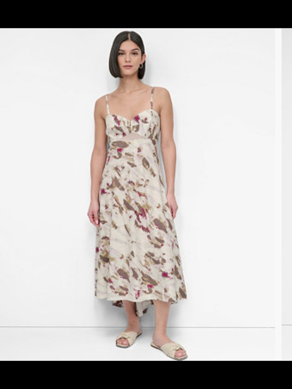 DKNY Cream Floral Midi Dress with Pink & Olive Accents